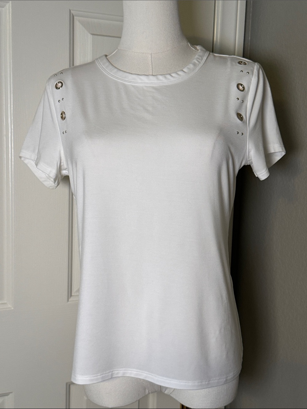 White House Black Market White Short-Sleeve Tee with Grommet Eyelet Detail